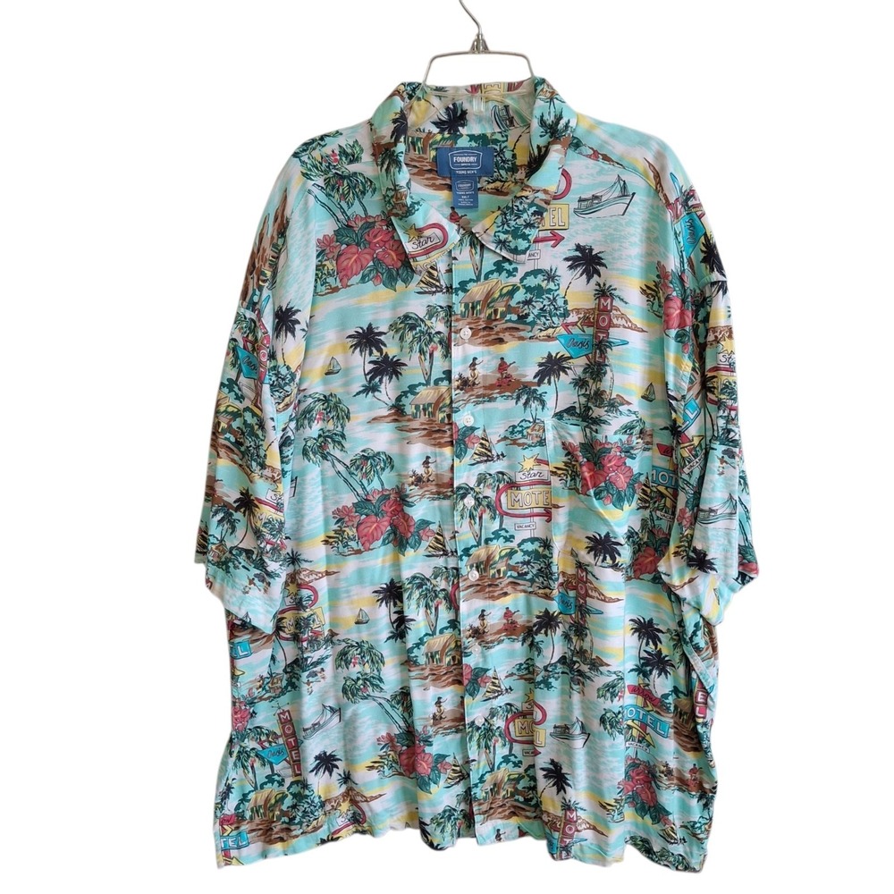 The Foundry Young Mens Hawaiian Shirt 3XLT Big Tall Motel Beach Resort Rayon